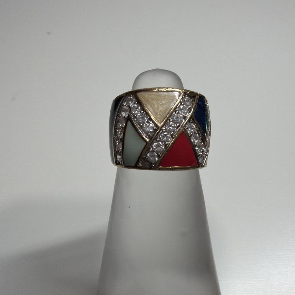 Multi Color Enamel CZ Dome Ring Gold over Sterling Silver Made in Canada Sz 6.5